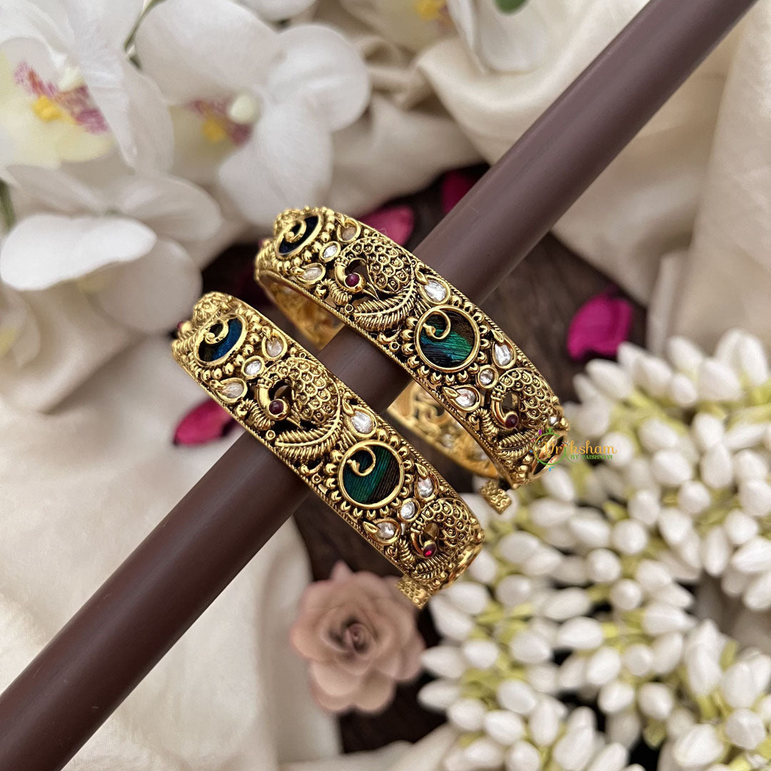 Vriksham Peacock Motif Antique Gold Bangles with Kundan Work-Screw Type Bangles-G19908