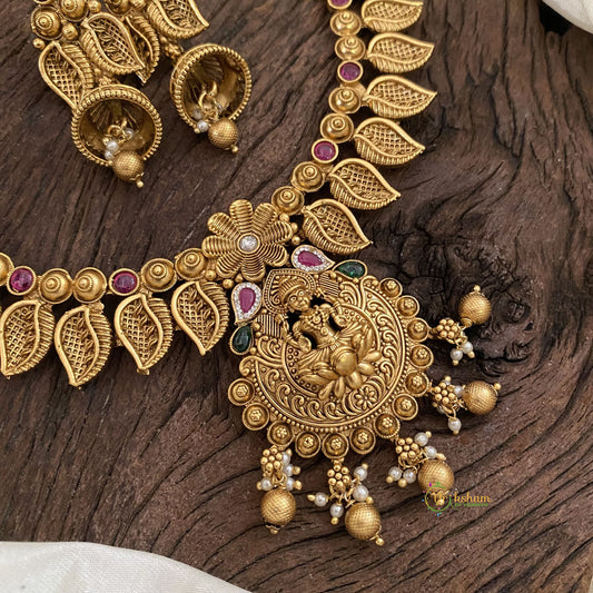 Gold Look Alike Lakshmi Pendant Short Neckpiece-Gold bead-G11321