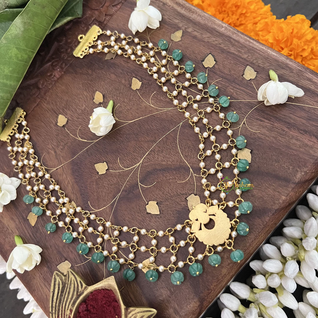 Vriksham Traditional Floral Pendant 3 Layer Pearl Kundan Jadau Neckpiece-Pastel Green Bead-J3459
