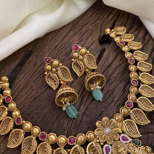 Gold Look Alike Lakshmi Pendant Short Neckpiece-Pastel Green bead-G11320