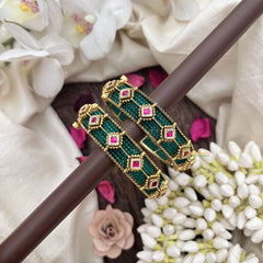 Vriksham Green Meenakari With Pink Stone Accents-Screw Type Bangles-G19910