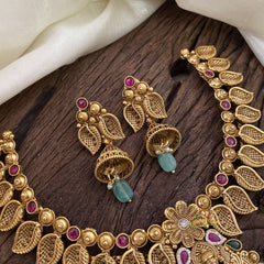 Gold Look Alike Lakshmi Pendant Short Neckpiece-Pastel Green bead-G11320