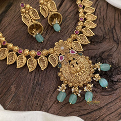 Gold Look Alike Lakshmi Pendant Short Neckpiece-Pastel Green bead-G11320