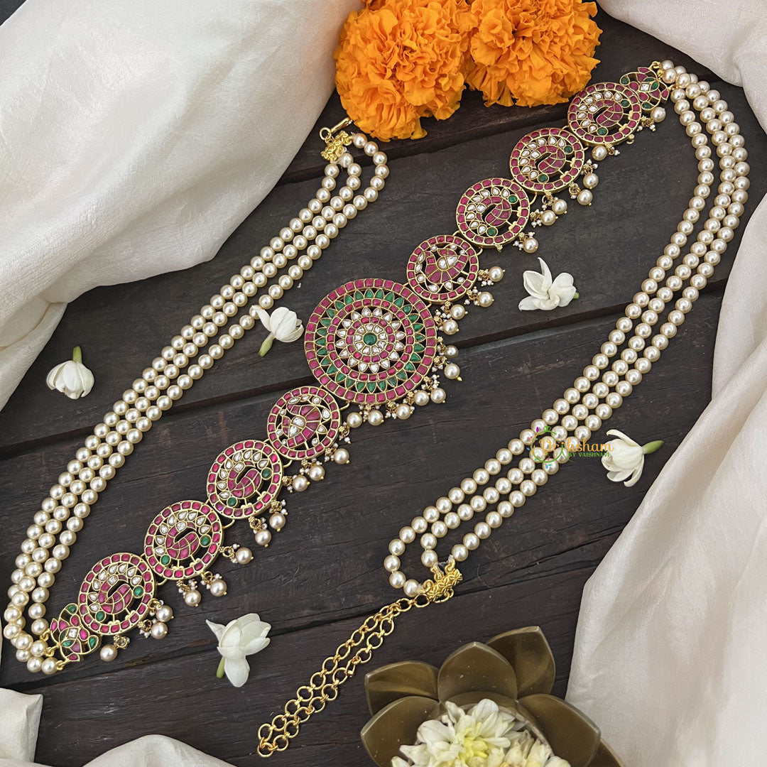 Vriksham Unique Peacock Kundan Jadau Hipchain-Off White Beads-J3428