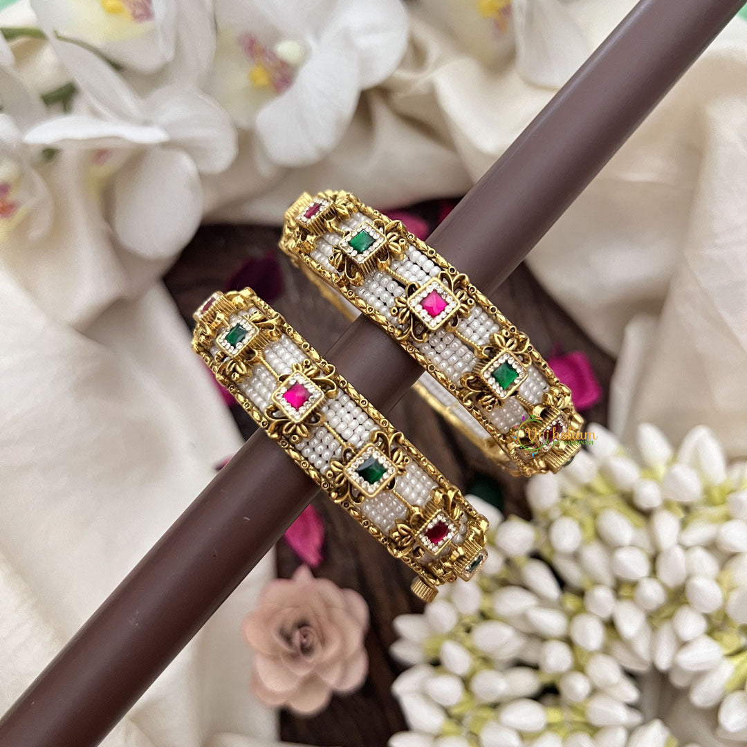 Vriksham Pearl Beaded Kada Bangles With Pink & Green Stones-Screw Type Bangles-G19911