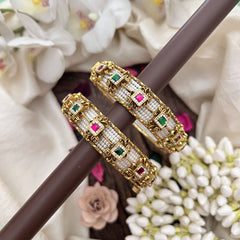 Vriksham Pearl Beaded Kada Bangles With Pink & Green Stones-Screw Type Bangles-G19911