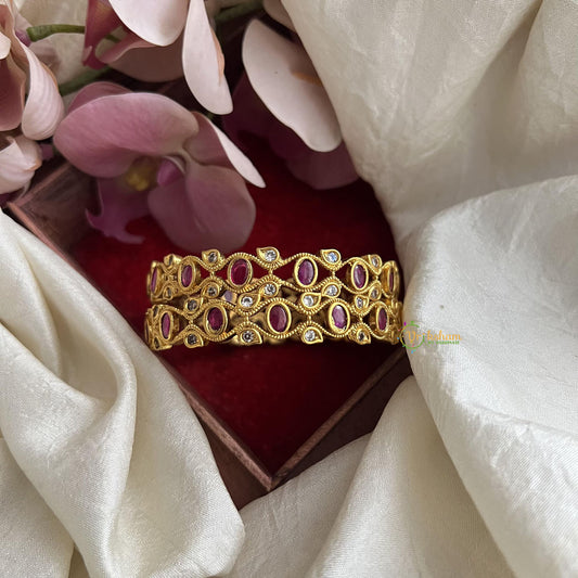 Gold Polish Red AD Stone Bangle Set-Oval-G14794