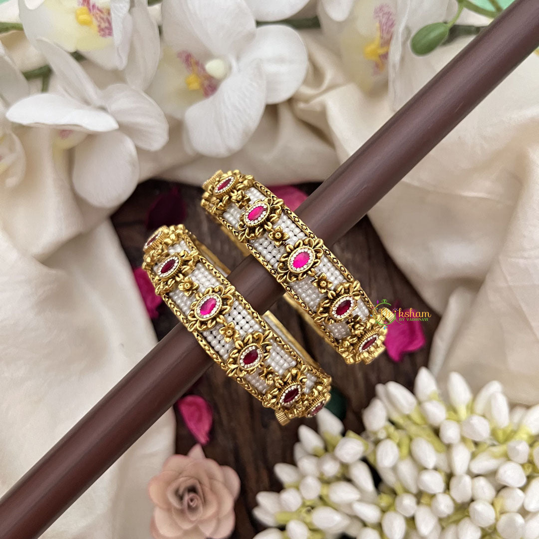 Vriksham Royal Pearl Work Bangles with Ruby Stones-Screw Type Bangles-G19912