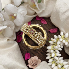 Vriksham Multistrand Pearl Bangles with Floral Kundan Centerpiece-Screw Type Bangles-G19913