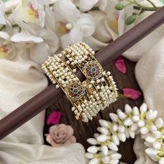 Vriksham Multistrand Pearl Bangles with Floral Kundan Centerpiece-Screw Type Bangles-G19913