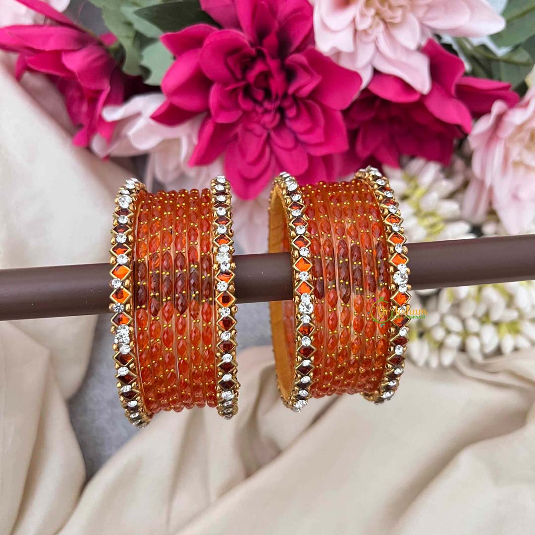Vriksham Handcrafted Orange Citrine-Inspired With White Crystal Accents Glass Bangles Set-G21764