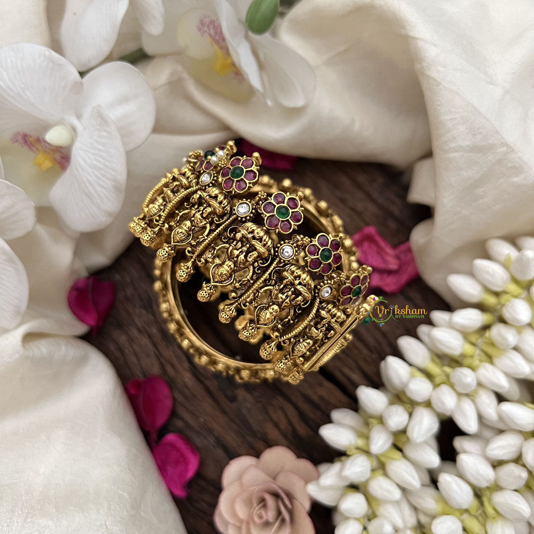 Vriksham Traditional Lakshmi Ruby & Emerald Floral Motifs-Screw Type Bangles-G19915