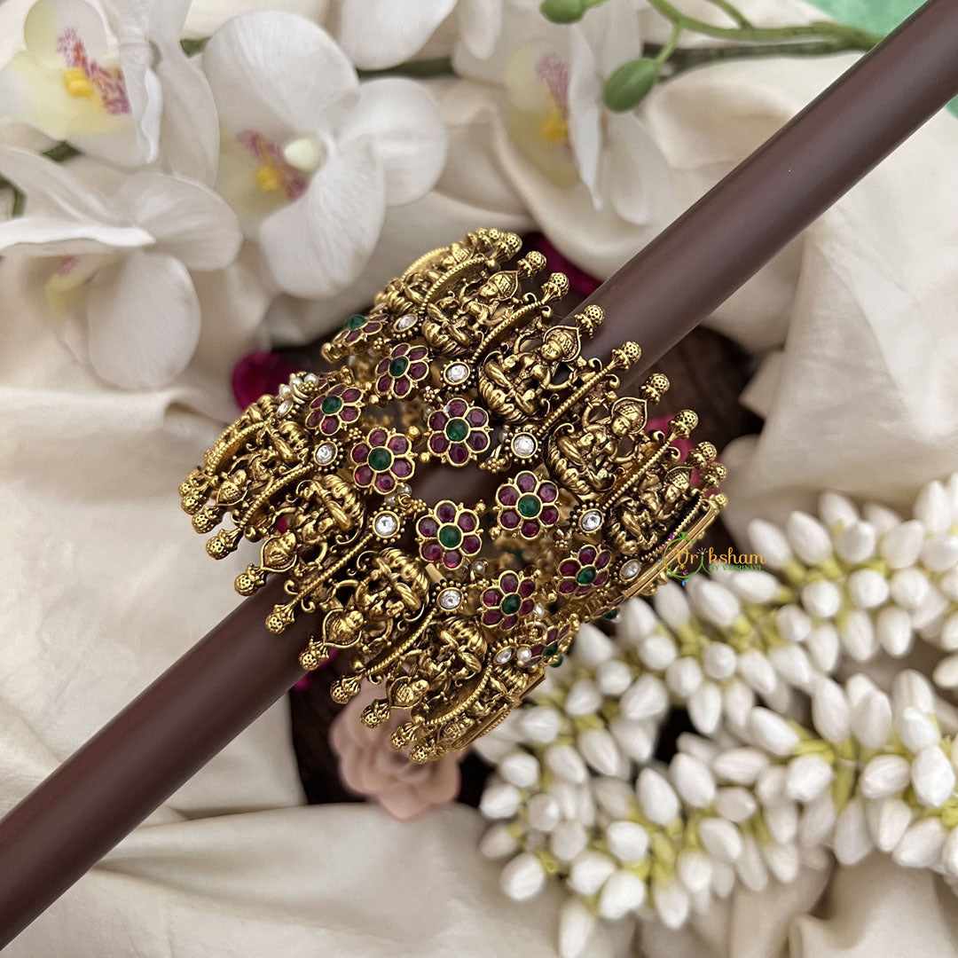 Vriksham Traditional Lakshmi Ruby & Emerald Floral Motifs-Screw Type Bangles-G19915