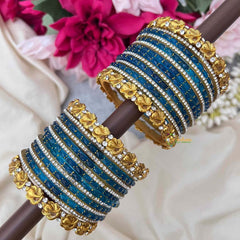Vriksham Vibrant Blue Glass With Embossed Golden Ganesh Idol Kadas Glass Bangles Set-G21765