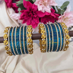 Vriksham Vibrant Blue Glass With Embossed Golden Ganesh Idol Kadas Glass Bangles Set-G21765