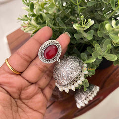 Vriksham Oxidized Silver Jhumkas With Red Onyx Studs and White Pearl Drops Jhumka  Earrings-S1137