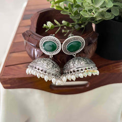 Vriksham Oxidized Silver Jhumkas With Green  Onyx Studs and White Pearl Drops Jhumka  Earrings-S1138