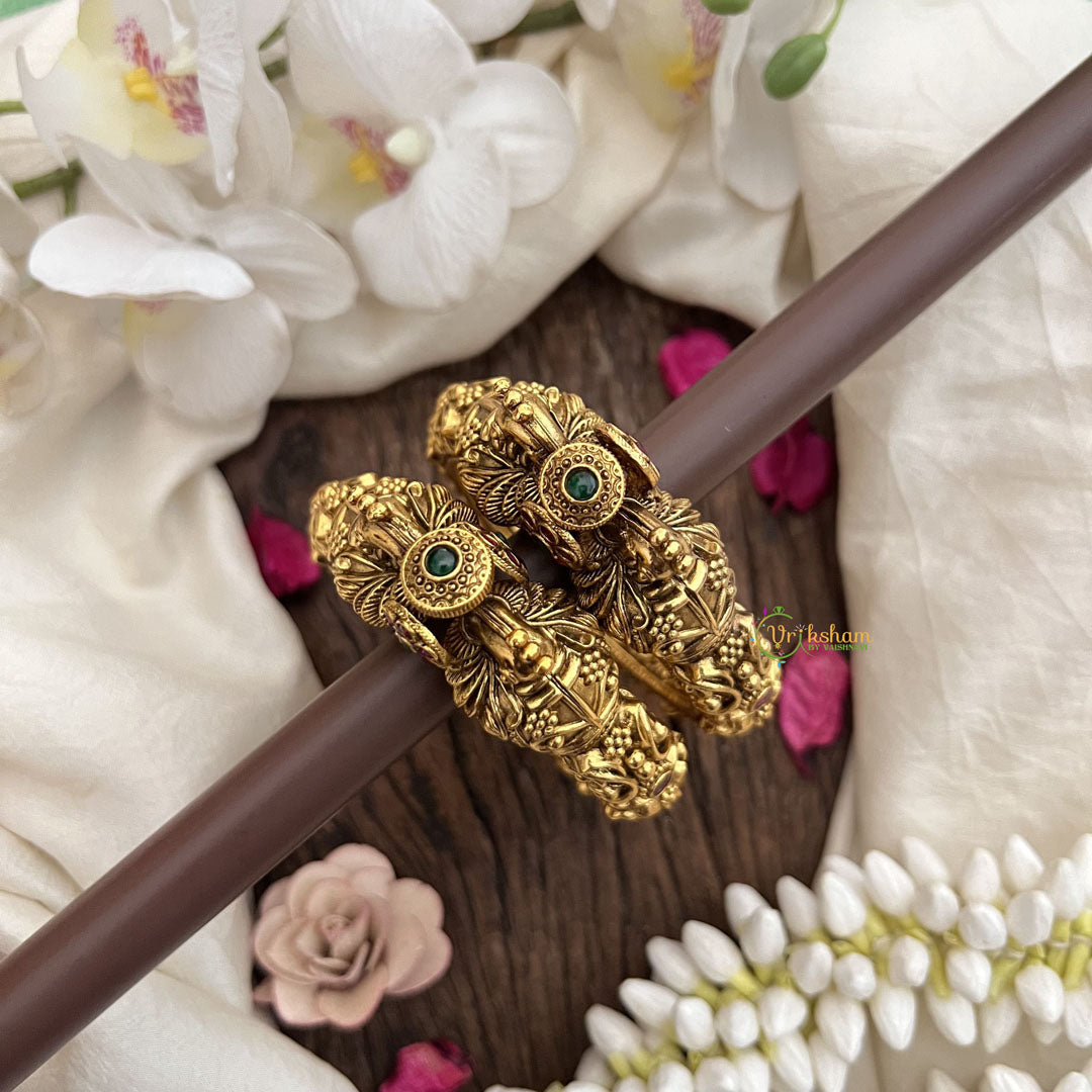 Vriksham Antique Gold Finish Peacock Kada Bangles with Kemp Floral Accents-Screw Type Bangles-G19916