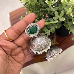 Vriksham Oxidized Silver Jhumkas With Green  Onyx Studs and White Pearl Drops Jhumka  Earrings-S1138