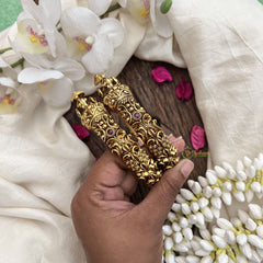 Vriksham Antique Gold Finish Peacock Kada Bangles with Kemp Floral Accents-Screw Type Bangles-G19916