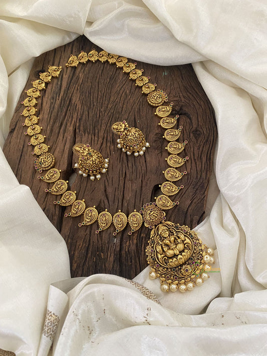 Gold Look Alike Lakshmi Pendant Long Neckpiece-Pearl-G11310
