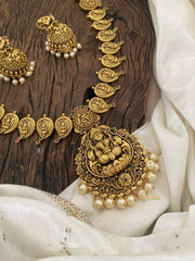 Gold Look Alike Lakshmi Pendant Long Neckpiece-Pearl-G11310