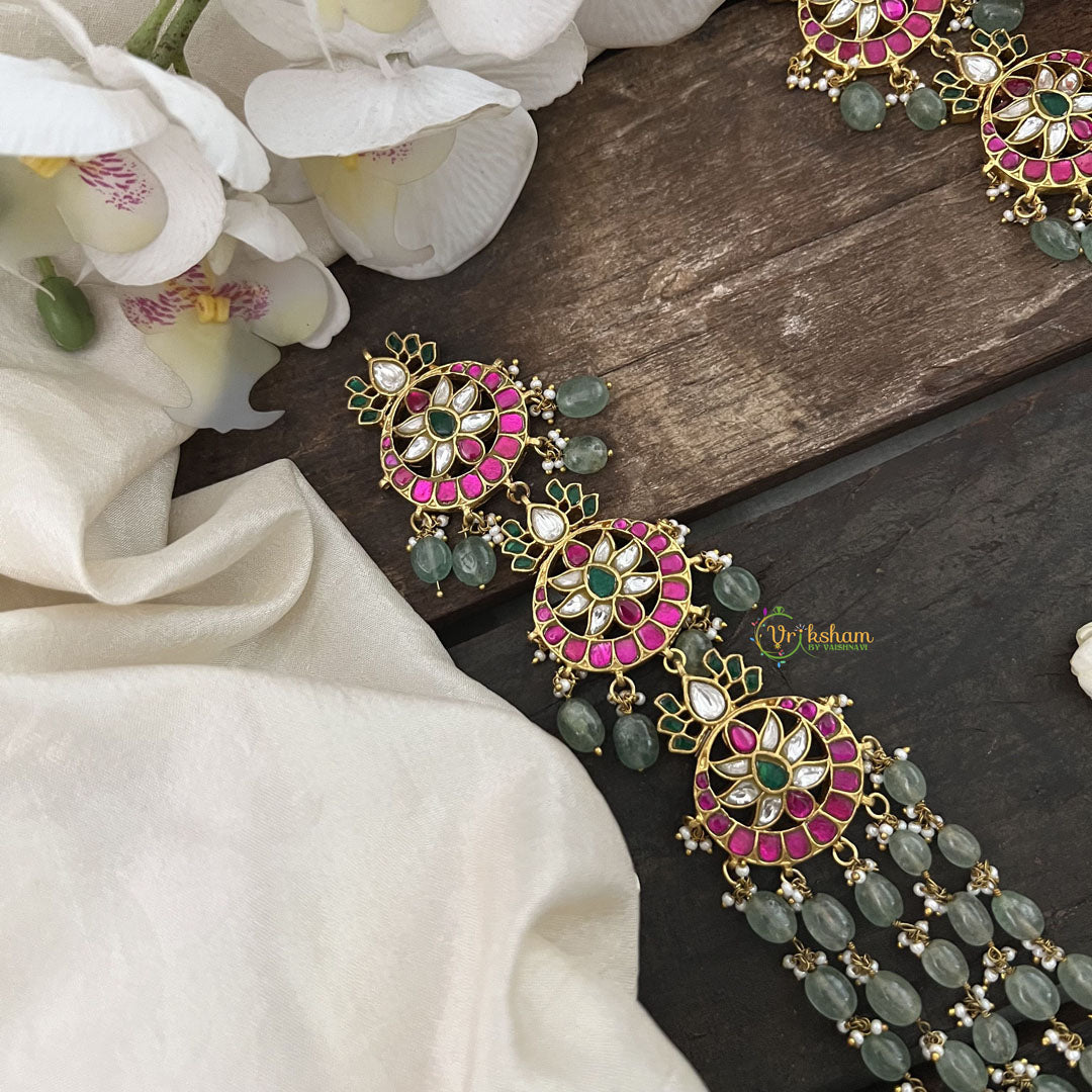 Vriksham Unique Three pendant Kundan Jadau Green Beaded Maala Neckpiece-Pearl-J3374