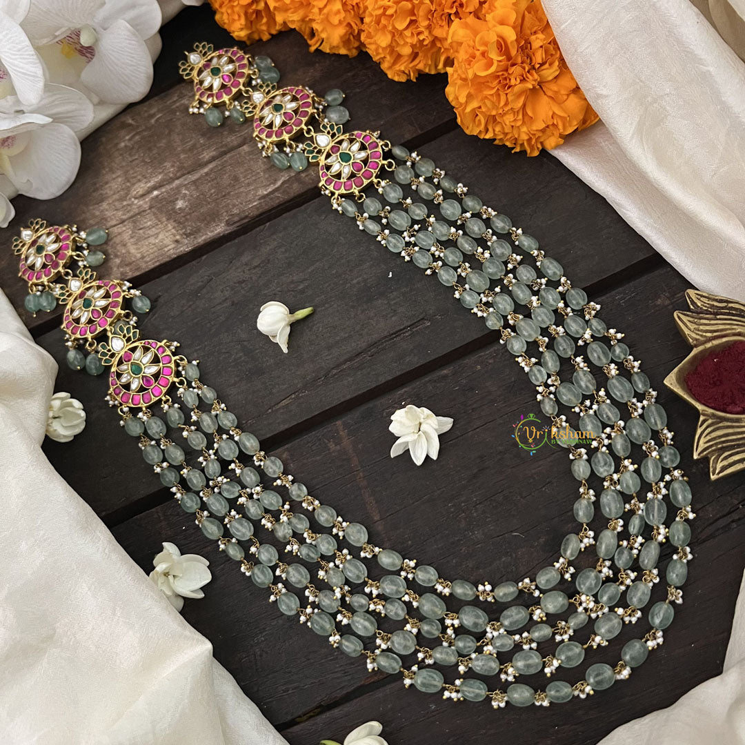 Vriksham Unique Three pendant Kundan Jadau Green Beaded Maala Neckpiece-Pearl-J3374
