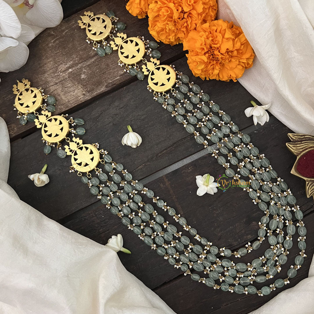 Vriksham Unique Three pendant Kundan Jadau Green Beaded Maala Neckpiece-Pearl-J3374