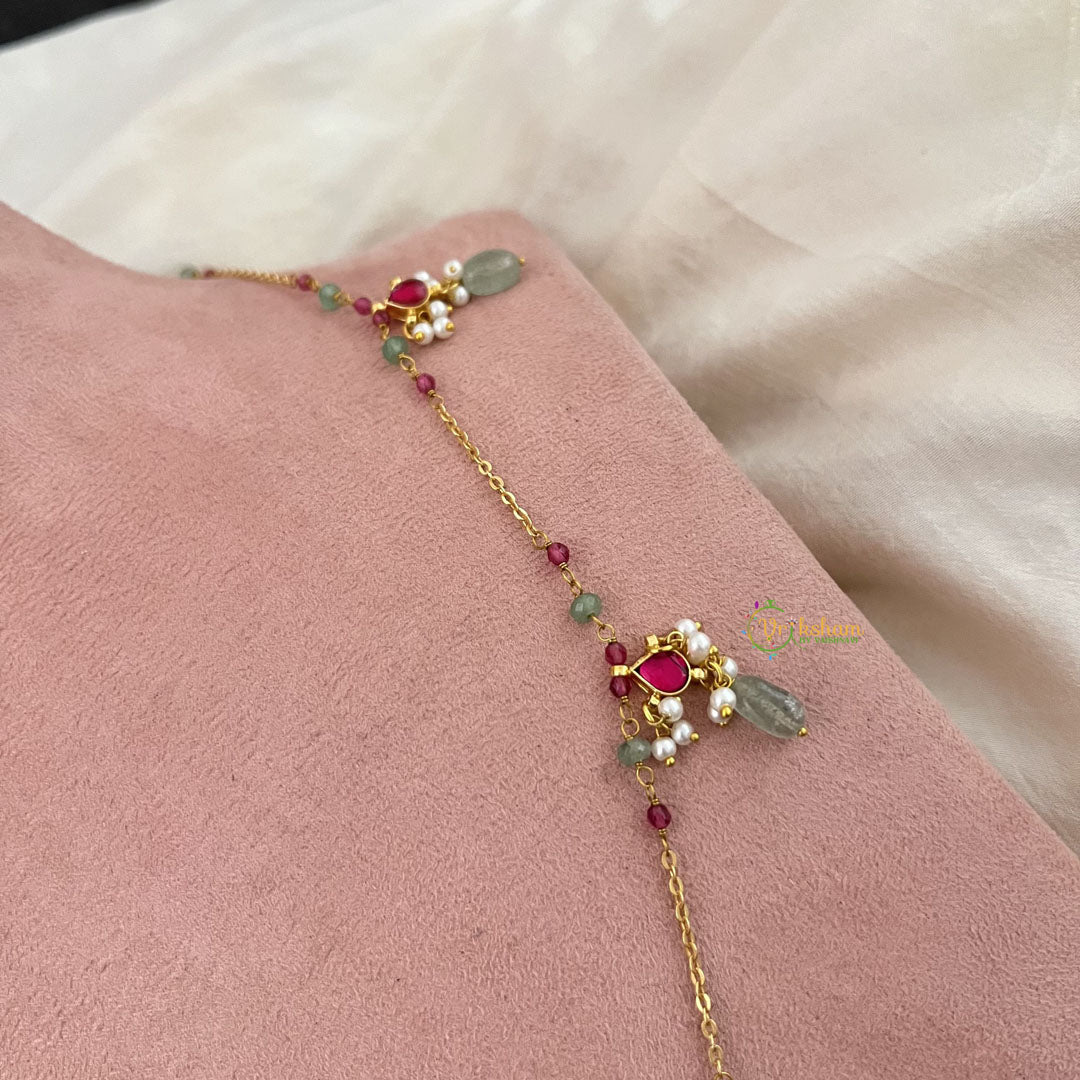 Vriksham Designer Diva Pendant Gold Chain Kundan Jadau Neckpiece-Red-Pastel Green Bead-J3460
