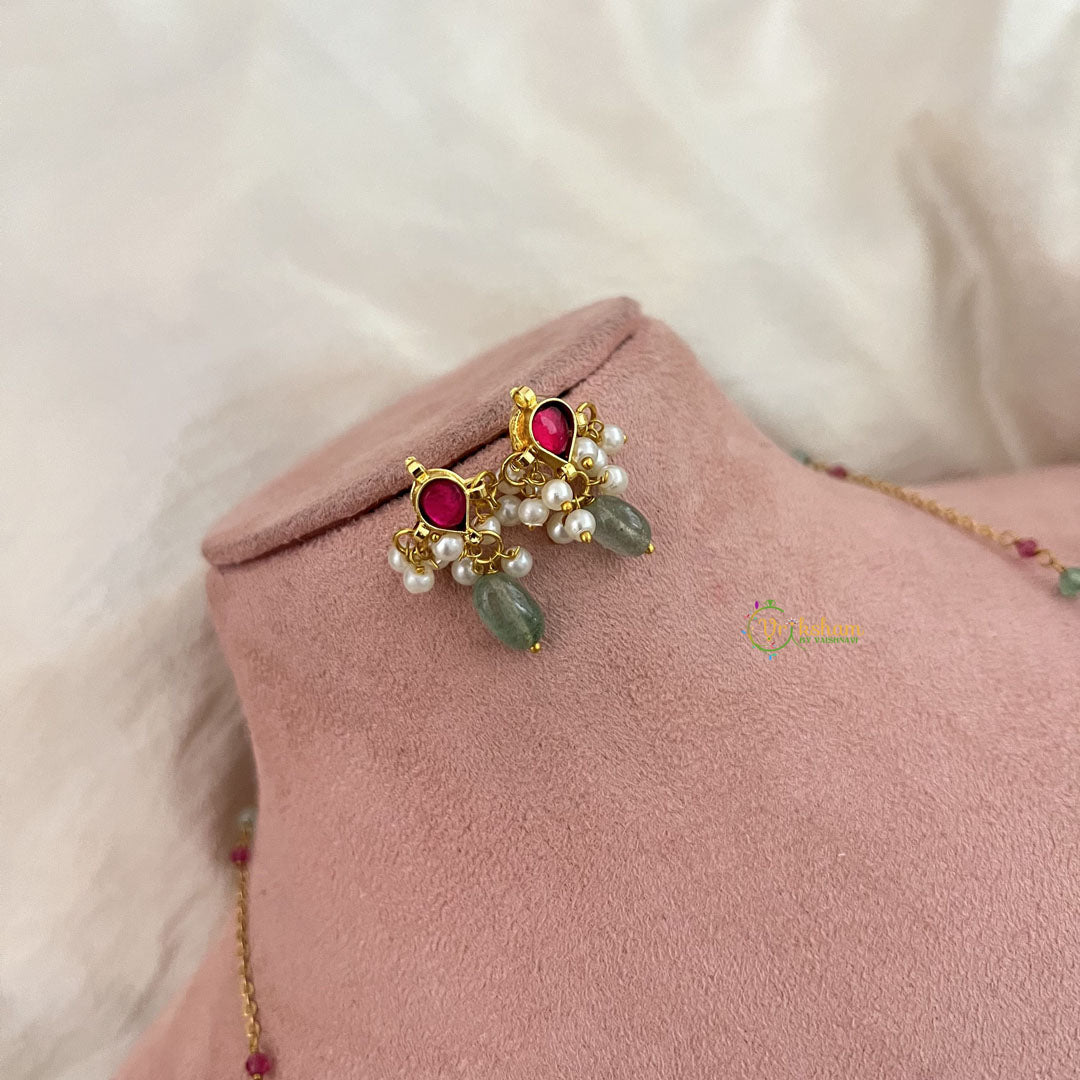 Vriksham Designer Diva Pendant Gold Chain Kundan Jadau Neckpiece-Red-Pastel Green Bead-J3460