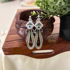 Vriksham Oxidized Silver Elongated Geometric Dangles with Pastel Enamel Earrings-S1087