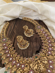 Layered Gold Look Alike Temple Haram -Maanga Lakshmi Haram-Pastel Green Bead-G11331