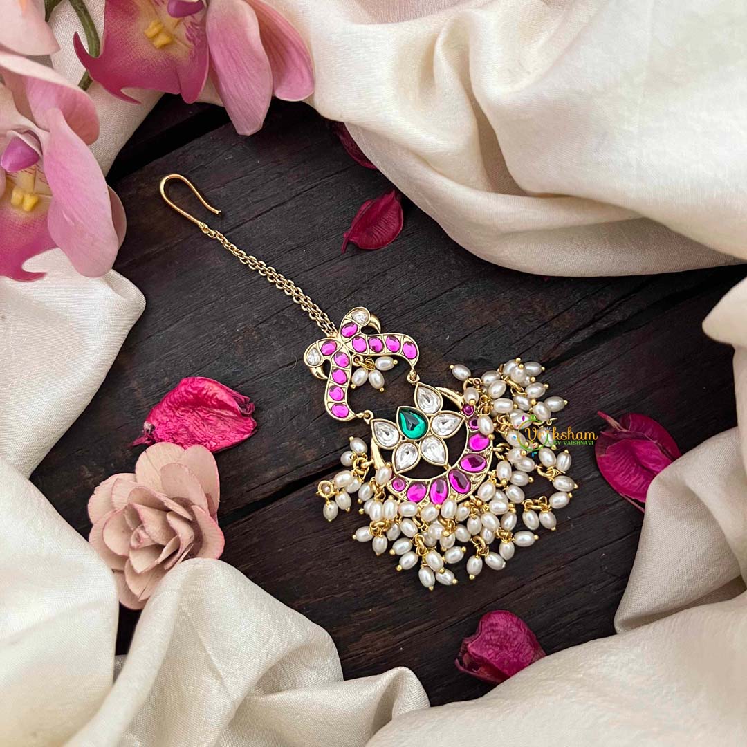 Vriksham Antique Lotus & Peacock Maang Tika & Rice Pearls-G21312