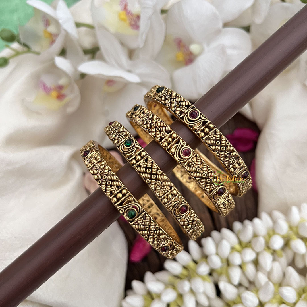 Vriksham Textured Design With Red & Green Stone Accents Bangles-Red Green-Set Of 4-G19929