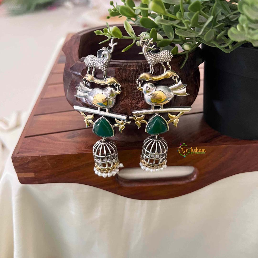 Vriksham Dual-Tone Silver Gold Deer and Bird Dangles & Emerald Jhumka  Earrings-S1135