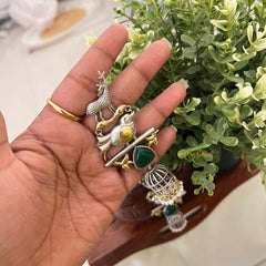 Vriksham Dual-Tone Silver Gold Deer and Bird Dangles & Emerald Jhumka  Earrings-S1135