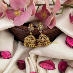 Vriksham Classic Peacock Style AD Stone With Gold look Dome Jhumka Earrings-Gold Bead-G21216