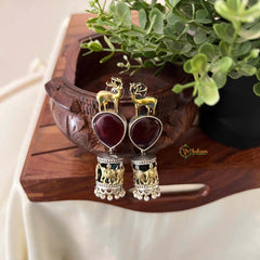 Vriksham Dual Tone Deer & Elephant Motif Jhumkas With Red Teardrop Stone Earrings-S1090