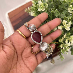 Vriksham Dual Tone Deer & Elephant Motif Jhumkas With Red Teardrop Stone Earrings-S1090