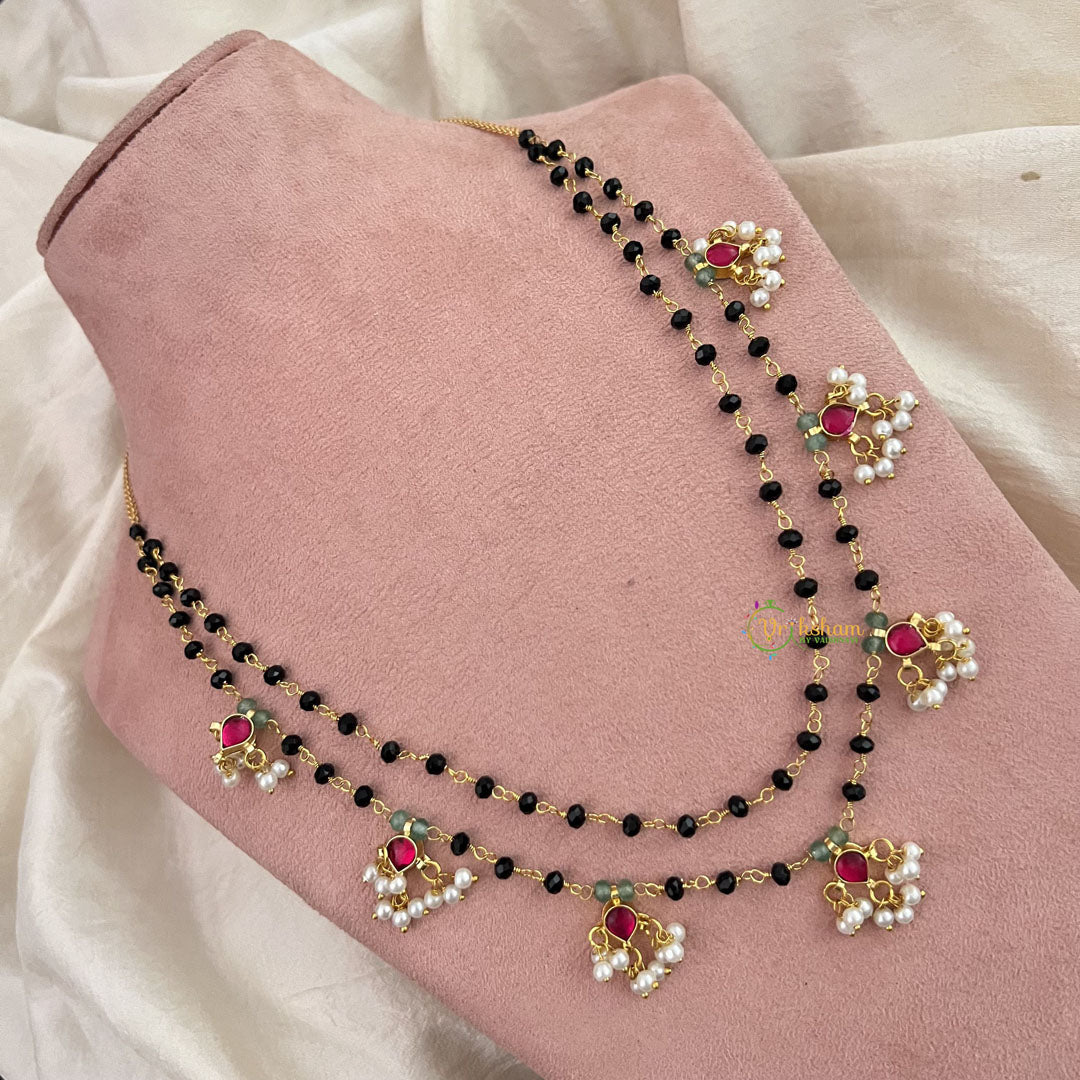 Vriksham Stylish Diva Pendant Black Beaded Kundan Jadau Magalsutra-Red-Pearl-J3454