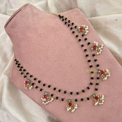 Vriksham Stylish Diva Pendant Black Beaded Kundan Jadau Magalsutra-Red-Pearl-J3454