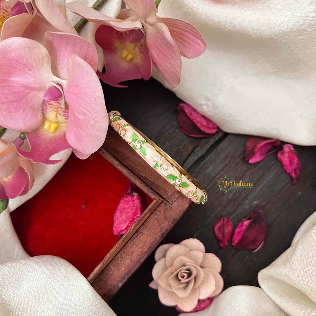 Vriksham Premium Off White Enamel Floral Gold Openable Bangle-G21316