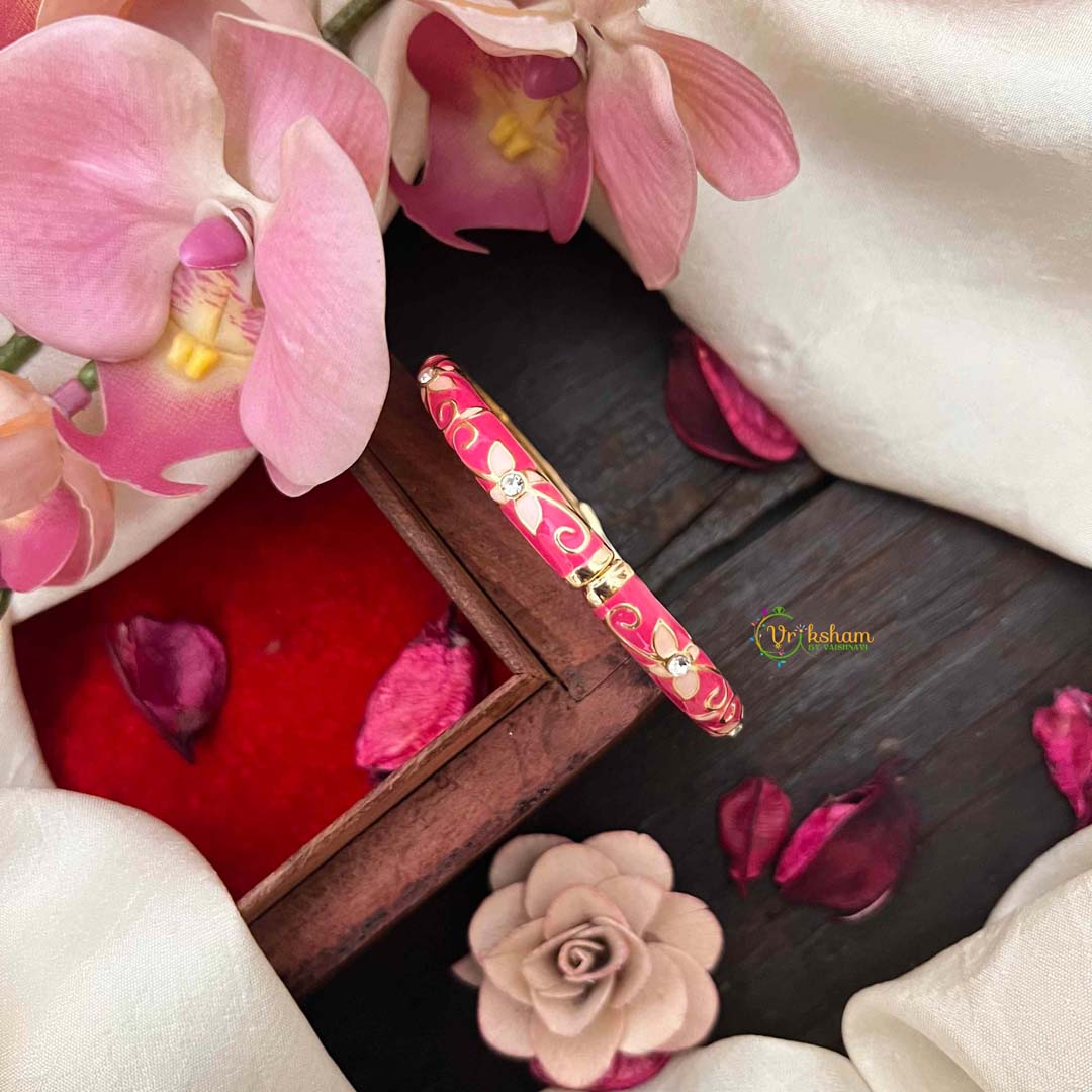 Vriksham Premium Pink Enamel Floral Gold Openable Bangle-G21315