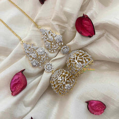 Vriksham Crystal Sparkle AD Stone Leaf & Flower Dome Jhumka Earrings-Gold Bead-G21217