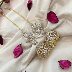 Vriksham Crystal Sparkle AD Stone Leaf & Flower Dome Jhumka Earrings-Gold Bead-G21217