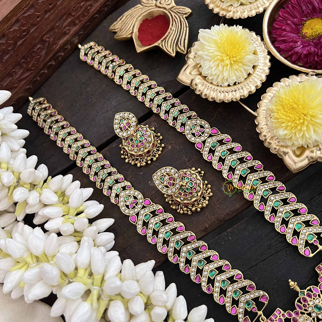 Vriksham Heritage Floral Pendant With Leaf Pattern Kundan Jadau Neckpiece-Red Green & White-Gold Bead-J3815