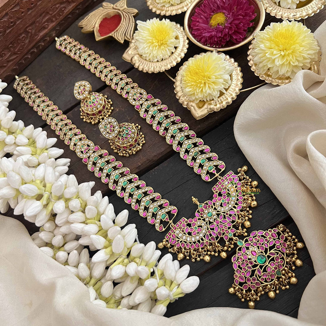 Vriksham Heritage Floral Pendant With Leaf Pattern Kundan Jadau Neckpiece-Red Green & White-Gold Bead-J3815