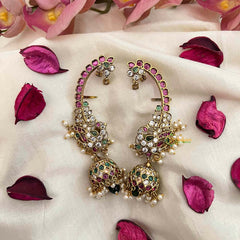 Vriksham Classic Peacock Style Jhumka With Pearls Deatling EarCuff- White Red & Green-G21212