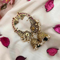 Vriksham Classic Peacock Style Jhumka With Pearls Deatling EarCuff- White Red & Green-G21212